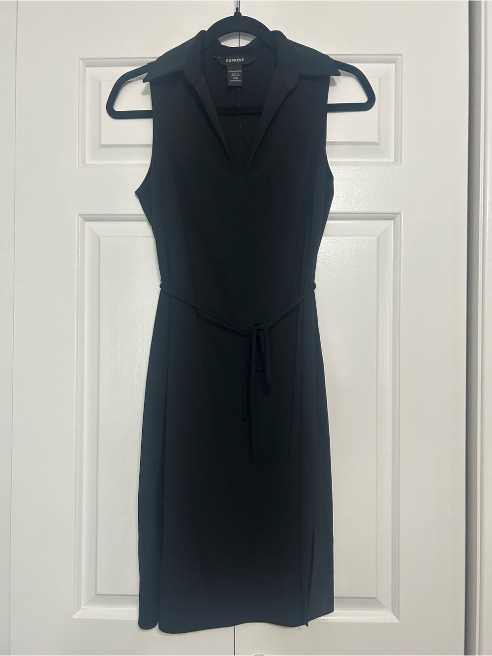 Vintage Y2K Express Sleeveless Black Collared Midi Dress Tie Waist & Side Slits